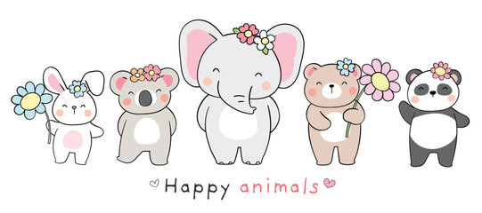 Draw banner design happy animal for spring and Easter