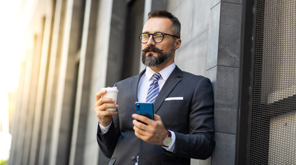 Portrait Stylish hipster bearded business man in suit drinking coffee and use smartphone. Peoples addicted to technology