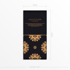 Ready-made postcard design with vintage Indian mandala ornament. Black-gold luxurious colors. Can be used as background and wallpaper. Elegant and classic vector elements ready for print