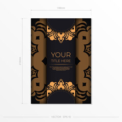 Ready-made postcard design with vintage Indian mandala ornament. Black-gold luxurious colors. Can be used as background and wallpaper. Elegant and classic vector elements ready for print