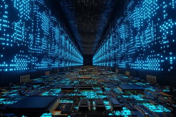 Futuristic alien Supercomputer Connection Network Data Center 3d rendered