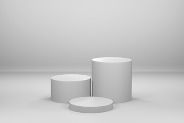 3D white podium stage, 3 spheres, 3D rendering room. 3d render.