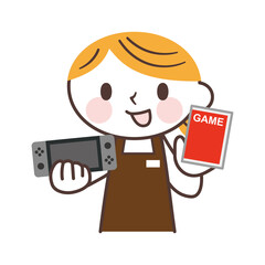 A woman working at a game store ゲームを持ったホビーショップの店員の女性