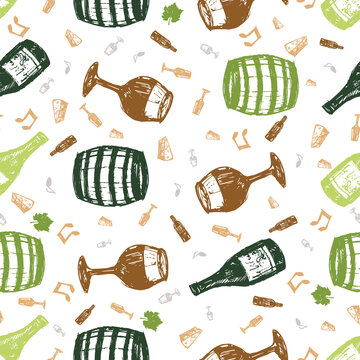 Vector white celebration wine glass, bottle and barrel sketch seamless pattern. Perfect for fabric, wrapping paper and wallpaper projects.