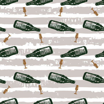 Vector white champagne bottle and small wine glass sketch seamless pattern with stripes. Perfect for fabric, wrapping paper and wallpaper projects.
