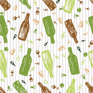 Vector white colourful celebration wine bottles sketch seamless pattern with vertical stripes. Perfect for fabric, wrapping paper and wallpaper projects.