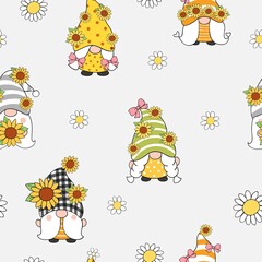 Draw seamless pattern gnome with sunflower