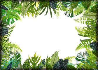 Banner with green tropical leaves. Green leaves frame template.