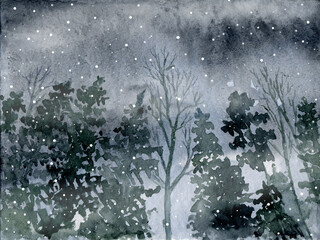 An abstract landscape of a dark black dull snowy forest  – trees and fir trees against the background of a black overcast sky; it’s snowing. Watercolor illustration.