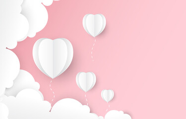 Pink pastel wallpaper.White hearts balloon paper cut.Valentine concept 