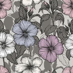 Tropical flowers seamless pattern. Floral background hand-drawn in ink. Exotic blooming Hibiskus flowers design. © Ekonst