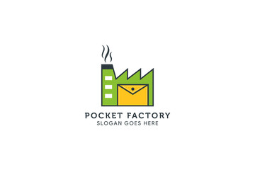 pocket factory logo design template use yellow and green colors. modern line style. doodle style isolated on white background.