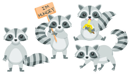 Set Abstract Collection Flat Cartoon 
Different Animal Raccon Eating Banana Standing With A Sign And Is Hungry Vector Design Style Elements Fauna Wildlife