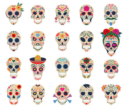 Day of the dead skulls. Dia de los muertos traditional mexican sugar human head bones vector symbols set. Dead day skulls with flowers decoration