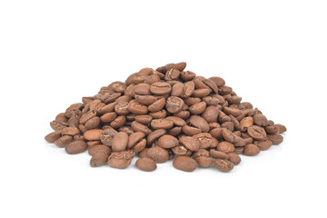 Handful of roasted coffee beans isolated on white background.