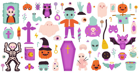 Spooky halloween symbols. Happy Halloween ghost, pumpkin, potion and candies for halloween party isolated vector symbols set. Cute halloween objects