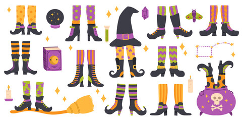 Halloween witch legs. Funny witch legs in striped socks and boots, witchcraft cauldron and hat vector symbols set. Scary halloween witch legs