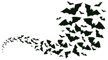 Flying halloween bats silhouettes. Bats flock flying wave, vampire flying winged spooky animals vector background illustration. Creepy halloween bats flock
