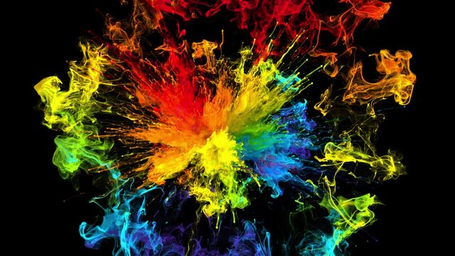 Color burst - colorful smoke powder circle particle explosion. Iridescent multicolored pulsating shockwave rainbow particles in slow motion. Fluid ink alpha matte isolated on black 4k