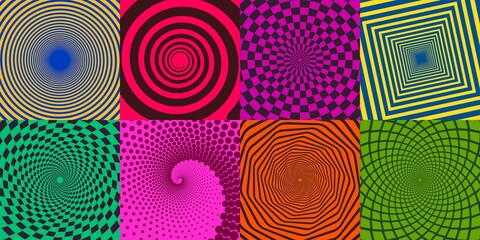 Swirl spirals. Twisted delusion spiral elements, spin radial rays sunburst spirals vector illustration element set. Abstract twirl spirals