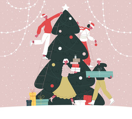 People decorate Christmas tree. Happy friends decorating Christmas fir tree together cartoon vector illustration. Xmas winter holiday preparation