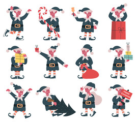 Christmas elves. Santa Claus cute holiday helpers, xmas elves pack holiday gifts cartoon vector illustration set. Funny elf helper mascots
