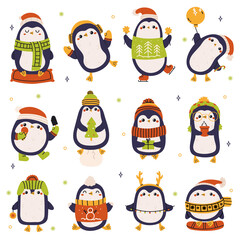 Christmas penguins. Cute holiday winter penguins wearing hat and scarf isolated vector illustration set. Hand drawn xmas penguin characters