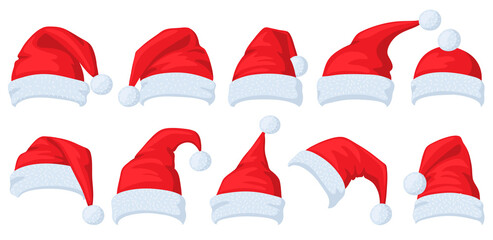 Santa Claus hat. Cartoon red Santa hats, xmas masquerade costume elements vector illustration set. Christmas holiday hats