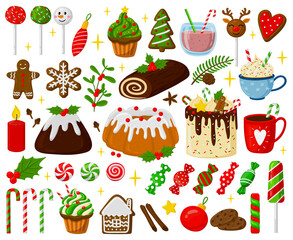 Christmas holiday sweets. Xmas gingerbread cookies, lollipops, pastry, cakes and drinks vector illustration set. Traditional holiday treats
