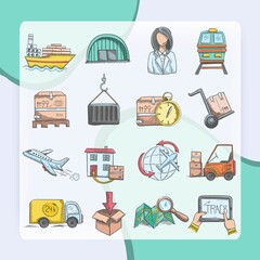 Logistics delivery service and transportation sketch decorative icons set isolated vector illustration
