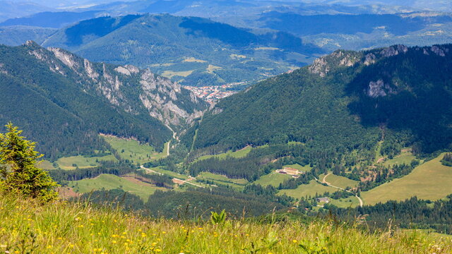 View of a rocky mountain pass from a mountain meadow. Vratna dolina, Tiesnavy, Mala Fatra