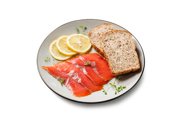 Salted salmon slices for healthy breakfast sandwiches. Organic fish. Isolated on white background.