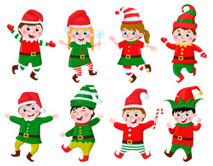 Children in elf costumes. Funny kids wearing Santa Claus helpers elves carnival costumes vector illustration set. Cute little elves characters