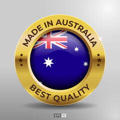 Made in Australia Label, Logo, Stamp Best Quality Round Flag of Nation with 3D Elegant Gold Glossy Effect