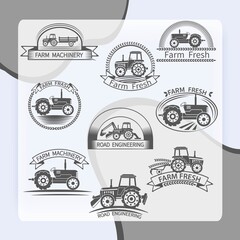Tractor driver farm and construction machinery label set isolated vector illustration