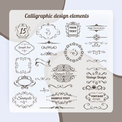 Calligraphic design elements set with card decoration scrolls and vignettes isolated vector illustration