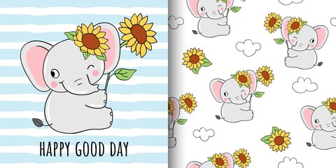 Draw greeting card of sunflower elephant for fabric textiles kids
