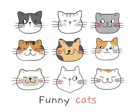 Draw doodle funny face cat Cartoon style