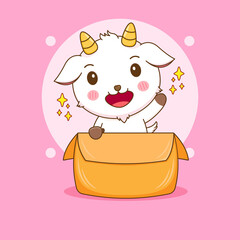 Cartoon illustration of cute goat playing inside a box