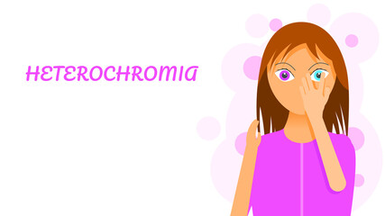 Flat Girl Woman Character Covers His Face With His Hand With Different Colors Eyes Disease Heterochromia Concept