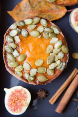 Pumpkin pies on a black plate