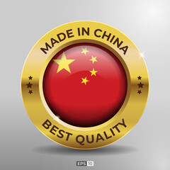Made in China Label, Logo, Stamp Best Quality Round Flag of Nation with 3D Elegant Gold Glossy Effect