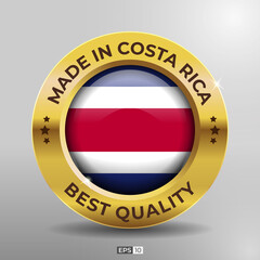 Made in Costa Rica Label, Logo, Stamp Best Quality Round Flag of Nation with 3D Elegant Gold Glossy Effect