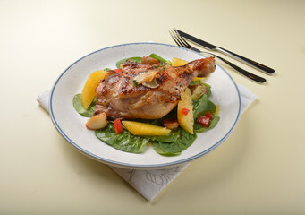 Texas grilled bbq chicken leg confit with vegetables and chef brown sauce western main course halal menu