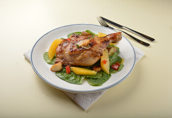 Texas grilled bbq chicken leg confit with vegetables and chef brown sauce western main course halal menu