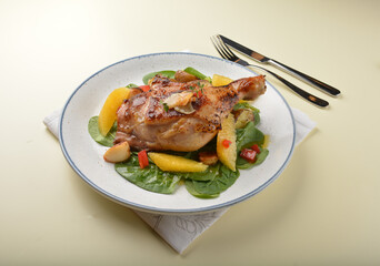 Texas grilled bbq chicken leg confit with vegetables and chef brown sauce western main course halal menu