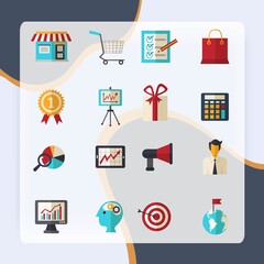 Marketing strategy business support and creative flat icons set isolated vector illustration