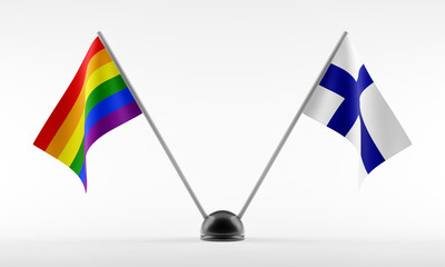 LGBT and Finland flags on decorative stand. Isolated on a white background. 3d rendering