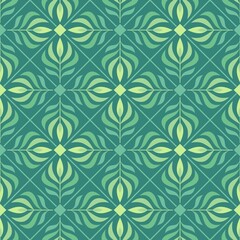 Seamless geometric pattern with simple floral shapes, bunches of leaves, diagonal grid, thin lines. Green colors. Vector.