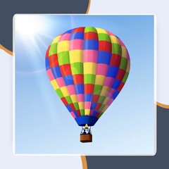 Obraz premium Realistic colorful striped flying air balloon with basket with blue sky background vector illustration